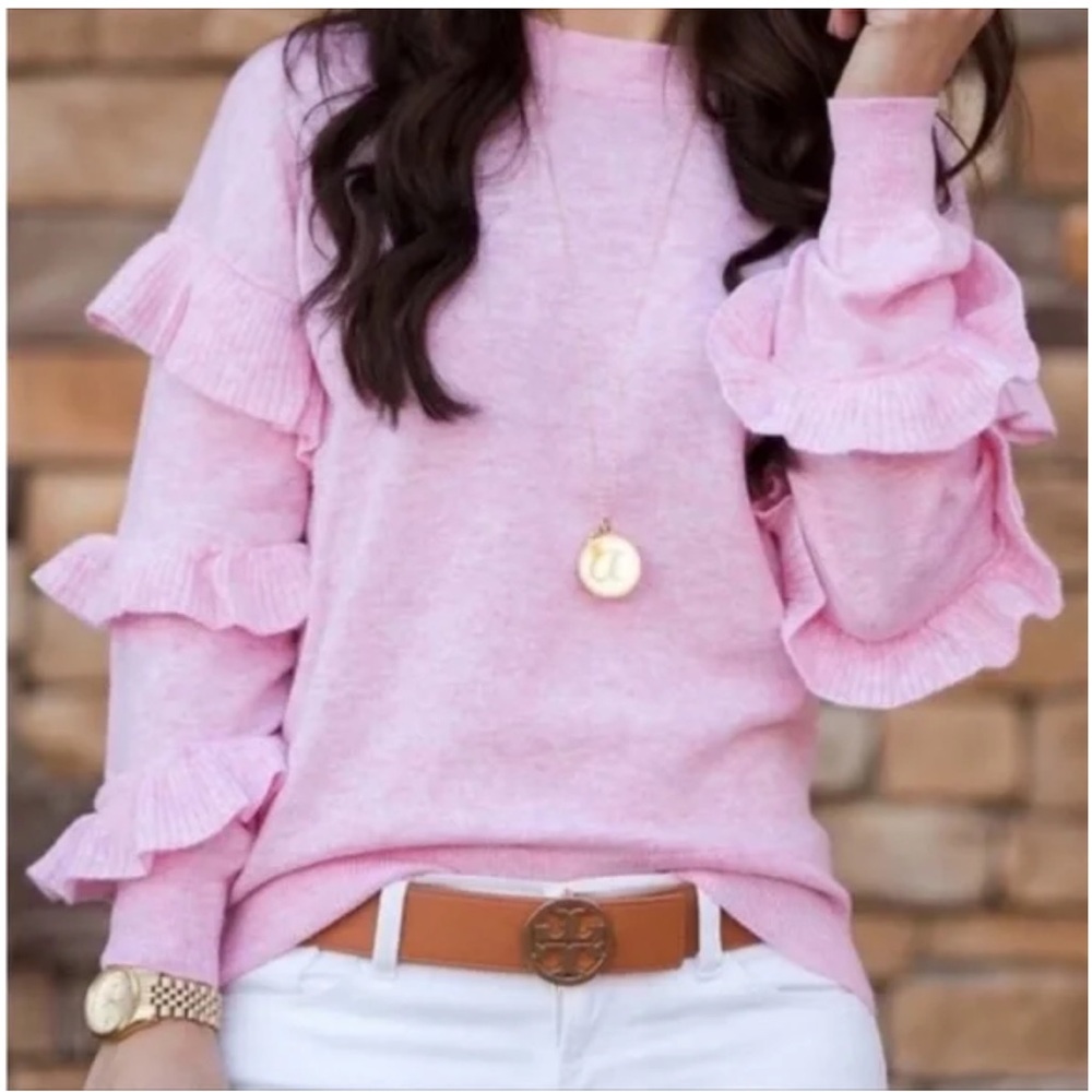 J. Crew Pink Ruffle-Sleeve Crewneck Sweater wool blend women Medium